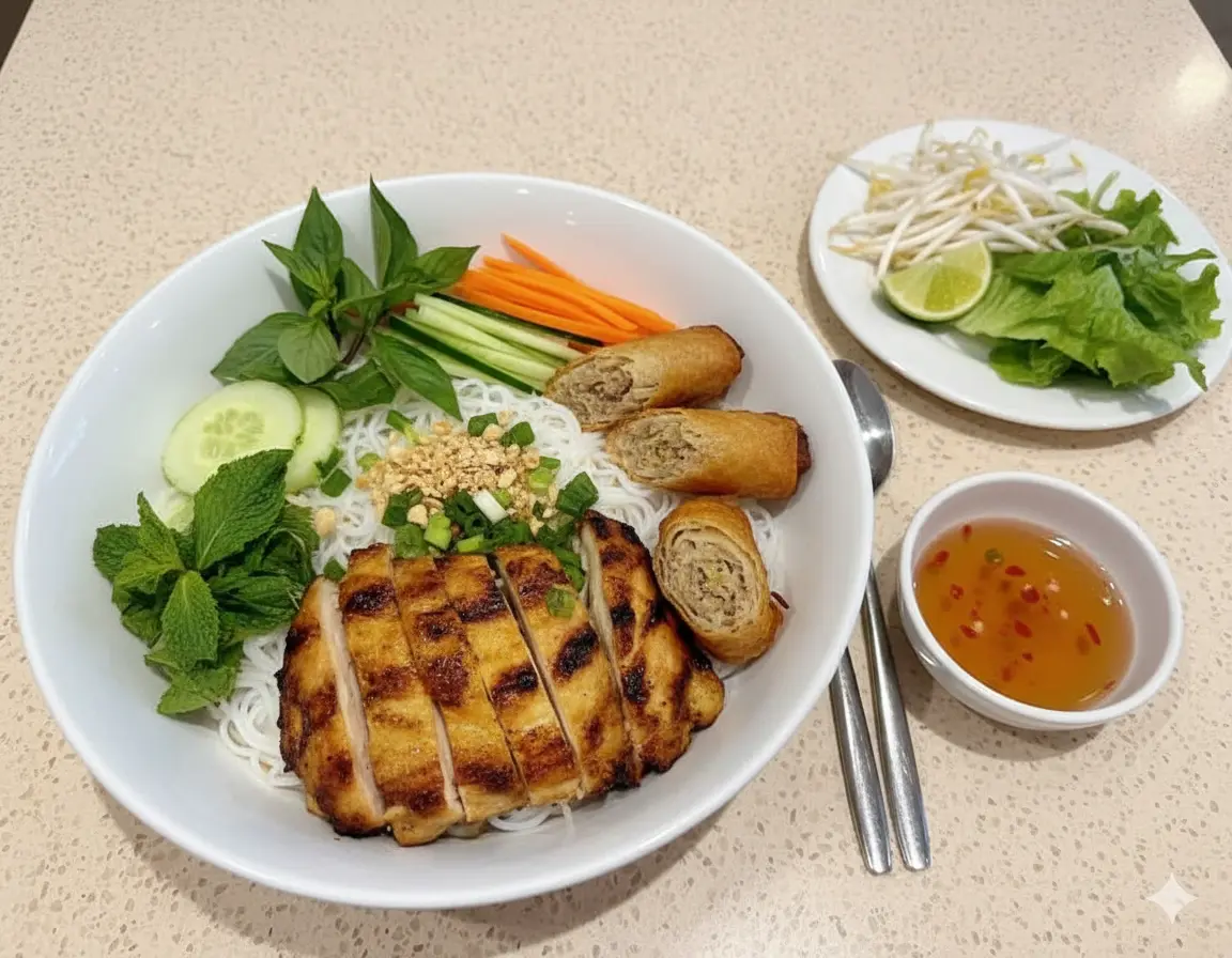 Pork Spring Roll & Lemongrass Chicken Vermicelli at Pho Dinosaur 2 in Calgary, AB
